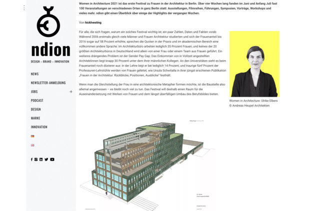 Corporate Blogging: For the ndion blog of the German Design Council, hicklvesting regularly writes relevant news articles, e.g. on the topic of “Women in Architecture”